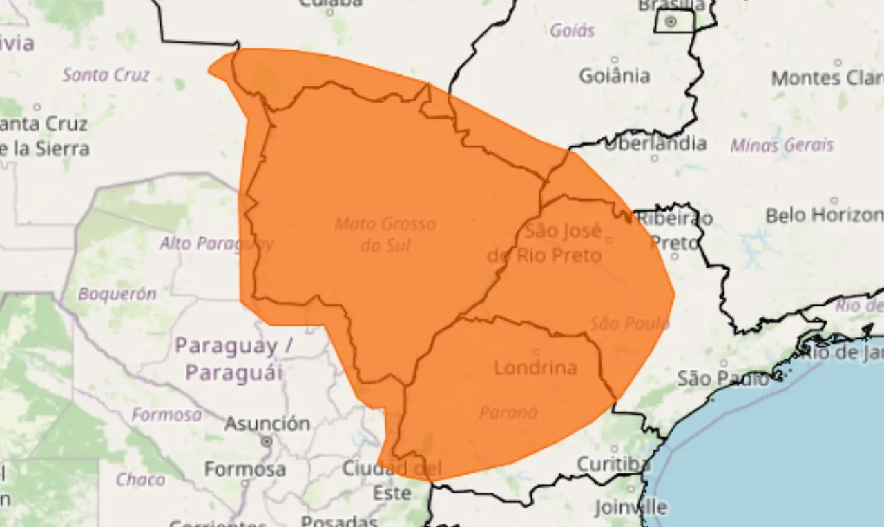 o mapa mostra as áreas em alerta laranja para temporais
